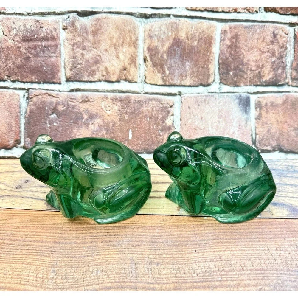 Vtg‎ 2 Indiana Glass Spanish Green Frog Votive Holders Candle Holders Pair Set